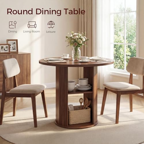 31.5" Round Dining Table with Storage Shelf for 2-3, Circle Kitchen Dinner Table with Thick Tabletop, for Small Spaces, Circle Nook Table for Kitchen & Dining Room, Walnut DTWA8501