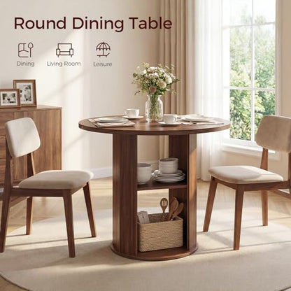 31.5" Round Dining Table with Storage Shelf for 2-3, Circle Kitchen Dinner Table with Thick Tabletop, for Small Spaces, Circle Nook Table for Kitchen & Dining Room, Walnut DTWA8501