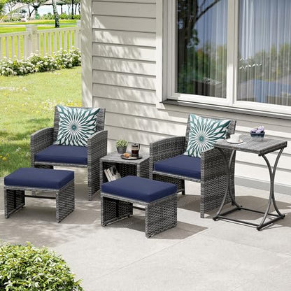 6 Piece Patio Furniture Conversation Set with Ottoman, Outdoor Grey Wicker Chair and Table Set, Balcony Furniture for Apartments, Navy Blue