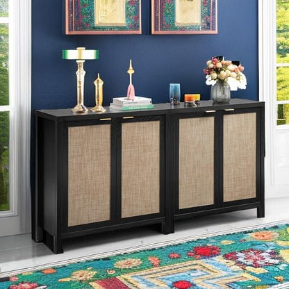 Sideboard Buffet Storage Cabinet - Boho Rattan Credenza Coffee Bar Cabinet with Large Storage, Farmhouse Console Buffet Table for Kitchen Living Room Entryway - 2 Black Pieces