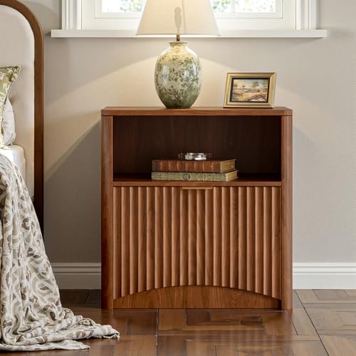 Fluted Nightstand Set of 2, Walnut Bedside Table with Drawer and Storage, Wood End Table Mid Century Modern, Large Night Stand for Bedroom
