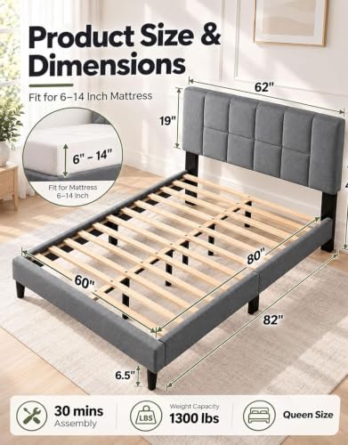 Queen Size Bed Frame with Headboard, Modern Bed Frame, Gray, view 3