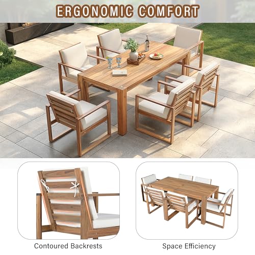 7 Piece Patio Dining Table Set with Umbrella Hole, Outdoor Acacia Wood Furniture Set with Removable Cushion for Garden, Backyard, Lawn, Poolside (Beige,Light Teak)