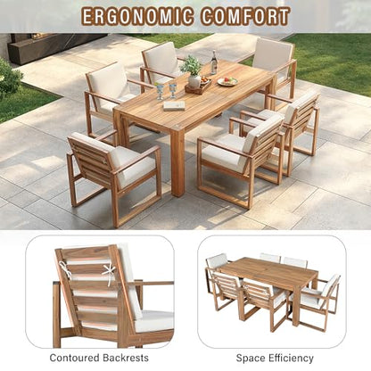7 Piece Patio Dining Table Set with Umbrella Hole, Outdoor Acacia Wood Furniture Set with Removable Cushion for Garden, Backyard, Lawn, Poolside (Beige,Light Teak)