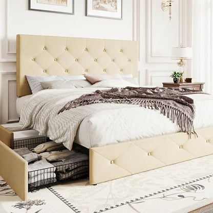 Upholstered Queen Size Platform Bed Frame with 4 Storage Drawers, Adjustable Headboard with Diamond Stitched Button Tufted Design, Wooden Slat Support, No Box Spring Needed, Beige
