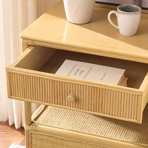 SAFAVIEH Furniture - Imari Nightstand - Natural Rattan & Solid Wood - Handwoven Nightstand with Drawer & Shelf Storage for Bedroom & Guest Room, 20" W x 22.4" D x 25.5" H (NST6000A)