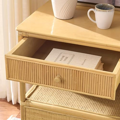 SAFAVIEH Furniture - Imari Nightstand - Natural Rattan & Solid Wood - Handwoven Nightstand with Drawer & Shelf Storage for Bedroom & Guest Room, 20" W x 22.4" D x 25.5" H (NST6000A)