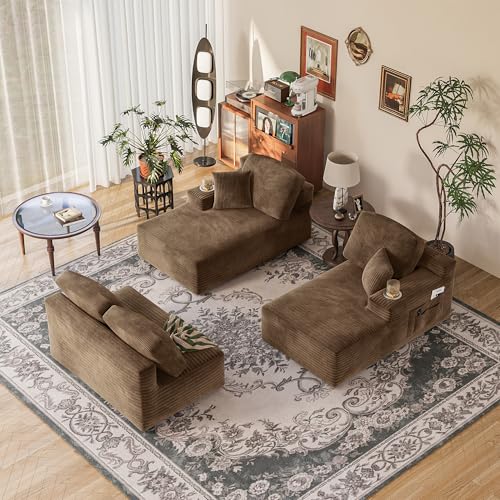 142" Boneless Couch, Modular Sectional Sofa, No Assembly Required, Memory Foam Filling, Corduroy U-Shaped Sofa, Movable Multi-Person Couch for Living Room (Brown)
