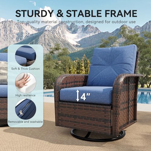 12 Piece Outdoor Patio Furniture Set with 44'' Fire Pit Table, Wicker Rattan Outdoor Furniture with High Back Swivel Rocker Chairs, Outdoor Sofa Set with Thick Cushion & Ottoman, Navy Blue