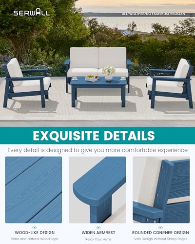 HDPE Outdoor Furniture Set 4, All Weather Patio Sectional Couch | Havy-duty Weatherproof HDPE Frame with Wood-Like Texture, Splash-proof Thick Cushions, Blue Frame and Khaki Cushions