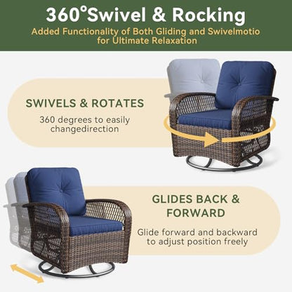 3 Pieces Patio Furniture Set, Patio Swivel Rocker Chairs Set of 2, Wicker Outdoor Bistro Set with Rocking Chair, Thickened Cushions and Table for Porch (Blue)