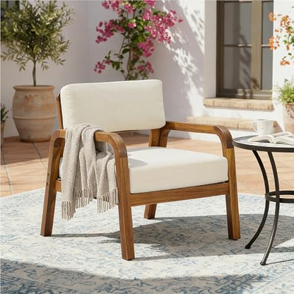 Canico Acacia Wood Lounge Chair Outdoor with Weather-Resistant Cushion, Wooden Patio Accent Chair with Open Frame Design, Outdoor Armchair for Patio Furniture Set, Cream + Teak