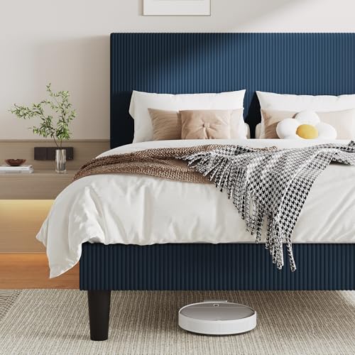 Queen Bed Frame, Corduroy Tufted Headboard, Dark Blue, view 2