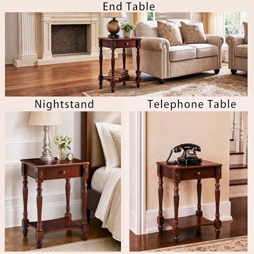 Solid Wood Side Table with Drawer and Storage Shelf, Traditional End Table, Narrow Telephone Nightstand, Carvings Elegant Vintage, for Living Room, Bedroom, Office Cherry Walnut GBJ1533WD