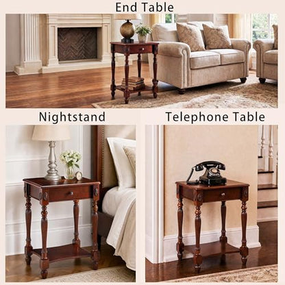 Solid Wood Side Table with Drawer and Storage Shelf, Traditional End Table, Narrow Telephone Nightstand, Carvings Elegant Vintage, for Living Room, Bedroom, Office Cherry Walnut GBJ1533WD