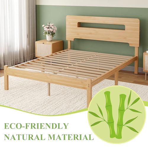 Solid Bamboo Wood Queen Bed Frame with Storage Headboard, view 5