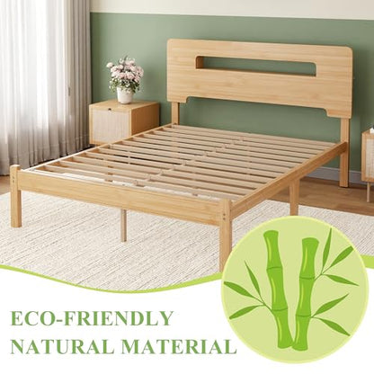 Solid Bamboo Wood Queen Bed Frame with Storage Headboard, view 5
