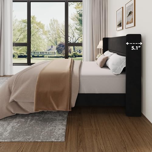 King Size Bed Frame with Wingback Headboard, Velvet Upholstered BedFrame, view 5