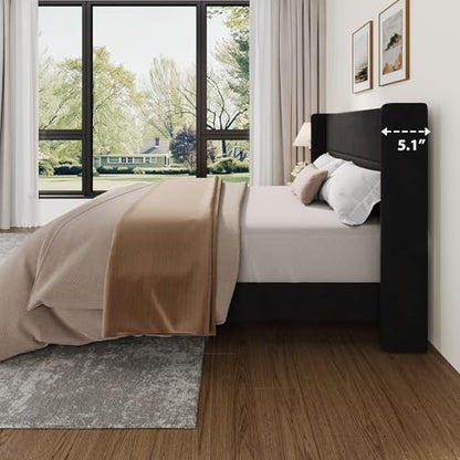 King Size Bed Frame with Wingback Headboard, Velvet Upholstered BedFrame, view 5