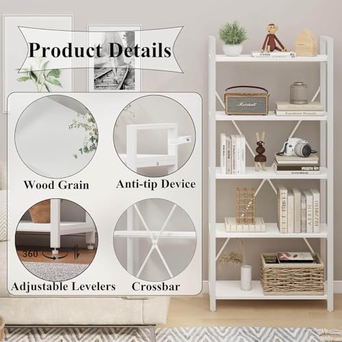 5 Tier Bookshelf, Metal and Wood Bookcase, Etagere Book Shelf for Display, Modern Shelving Unit Tall Book case for Home Office, Living Room (White Oak)