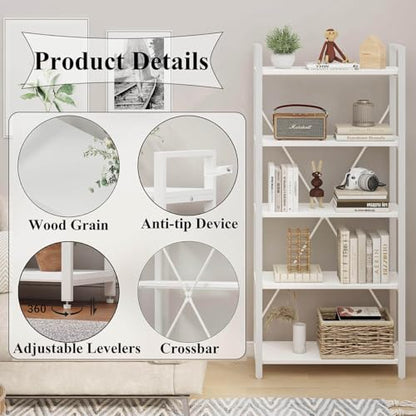 5 Tier Bookshelf, Metal and Wood Bookcase, Etagere Book Shelf for Display, Modern Shelving Unit Tall Book case for Home Office, Living Room (White Oak)
