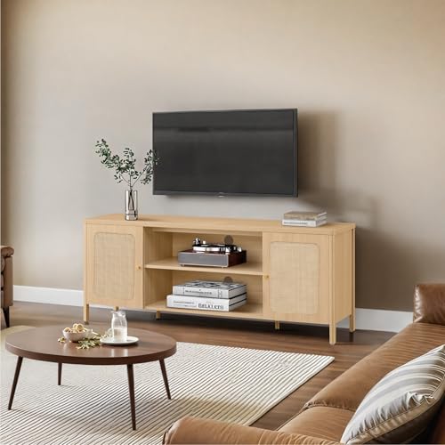 Rattan TV Stand for TVs up to 75'' Boho Entertainment Center with Adjustable Shelf Television Stand with 2 Storage Cabinets Media Console Wooden TV Cabinet for Living Room Bedroom,Natural Oak