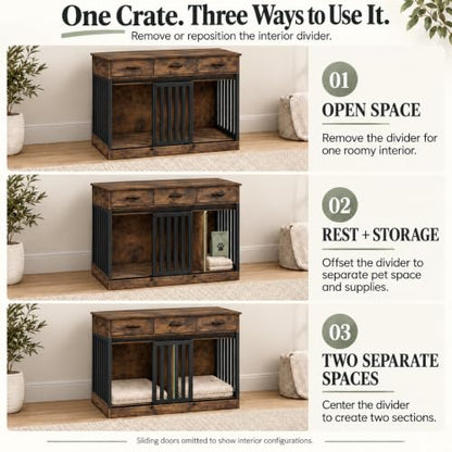 Furniture Dog Crate for Medium to Large Dogs, 2-in-1 Wooden Kennel, view 5