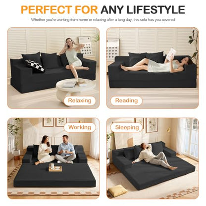3 Seater Boneless Couch Sofa Bed, 78'' Corduroy Oversized Loveseat Folding Sofas Bed, Compression Convertible Futon Floor Couch Sofa Beds with 3 Pillows for Living Room Bedroom Apartment