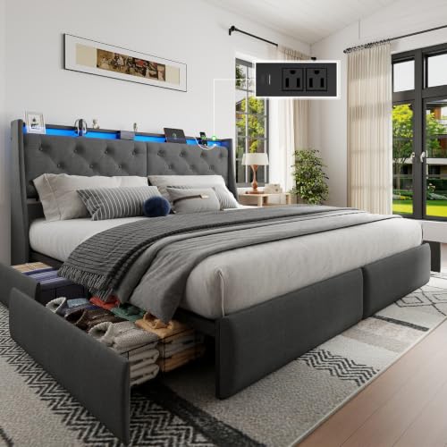 Upholstered King Size Bed Frame with 4 Storage Drawers and LED Lights, view 2