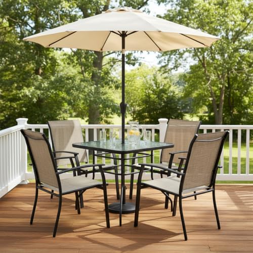 32" Square Outdoor Dining Table with Tempered Glass Top, Outside Bistro Table with 2" Umbrella Hole & Metal Frame, Patio Dining Table for Backyard, Lawn, Deck & Poolside