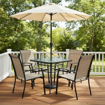 32" Square Outdoor Dining Table with Tempered Glass Top, Outside Bistro Table with 2" Umbrella Hole & Metal Frame, Patio Dining Table for Backyard, Lawn, Deck & Poolside