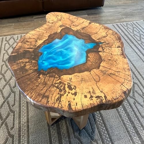 RESINHOMEFURNITURE Round Wooden Table with Blue Epoxy Lake Design Coffee Table Console Table Side Table Living Room Table Center Table Patio Table End Table (30 Inches Tall, 36 x 36 Inches)