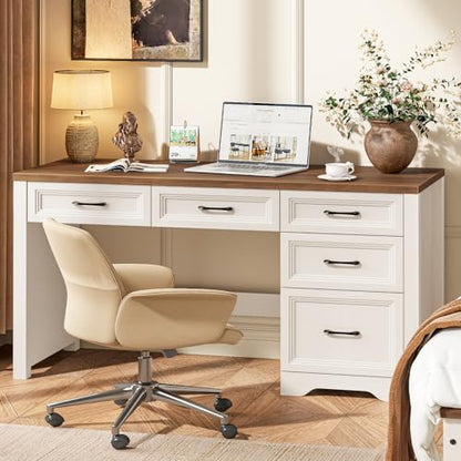 55 Inch Farmhouse Desk with 5 Drawers, Large Home Office Computer Desk with Adjustable File Drawer, Executive Workstation with Storage for Study Writing Work, White