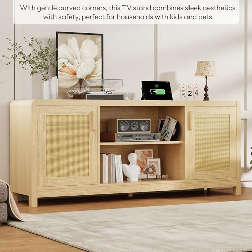 TV Stand with Power Outlet for TVs up to 65", Entertainment Center with Rattan Doors Storage & Adjustable Shelves, Cord Holes, Modern Media Console for Living Room, Natural