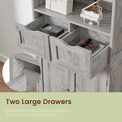 Storage Cabinet with 2 Drawers & Adjustable Shelf, Tall Bathroom Cabinet with Doors, Cupboard, Kitchen Cabinets for Living Room, Dining Room, Entryway, Grey