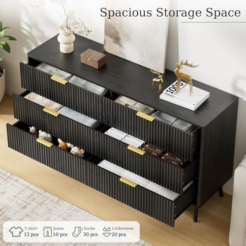 Fluted Dresser and Nightstand Sets 3 Piece, 6-Drawers Dresser and 1-Drawer Nightstands Set of 2, Wood Bedroom Furniture Set for Home, Bedroom, Hallway, Black