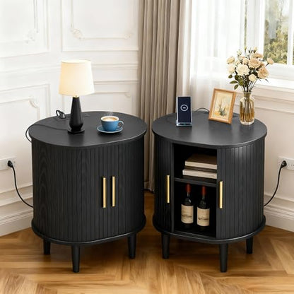 Mid Century Modern Nightstand Set of 2 with Charging Station, Fluted Accent Side Table with Sliding Door & Adjustable Shelf, End Table for Small Space, Living Room, Bedroom,Sofa Couch, Black