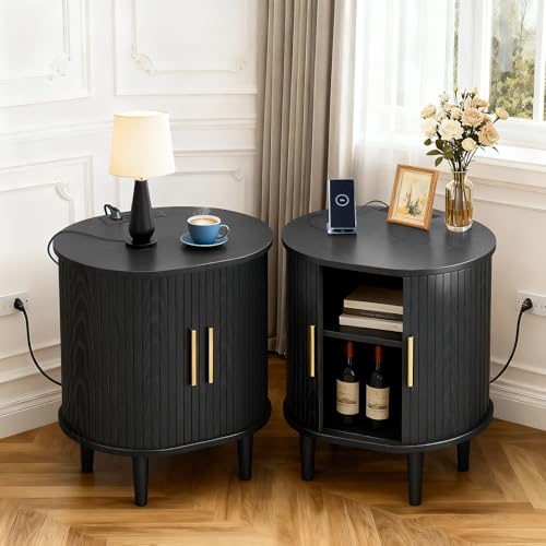 Black fluted mid century nightstand set of two with charging station, view 2