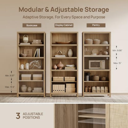 Rattan Bookshelf with Doors, Adjustable Shelves for Living Room, view 3