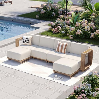 Patio Furniture Set, 6 Piece Outdoor Wicker Sectional Sofa, All‑Weather Rattan Modular Sofa with 10'' Ultra‑Thick Cushions, Outdoor Conversation Set for Backyard, Poolside & Garden, Yellow/Beige