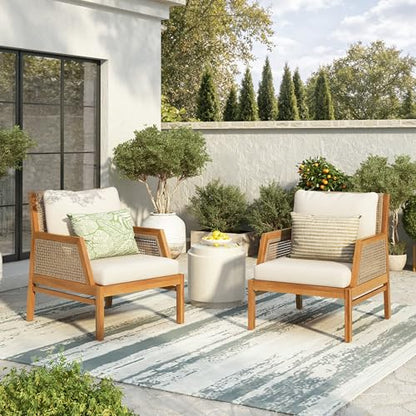 Zura Set of 2 Bohemian Acacia Wood Patio Accent Chair, Lounge Chair Outdoor Set with Wicker Accent, Patio Furniture Single Sofa with Water-Repellent Cushions, Teak+Beige