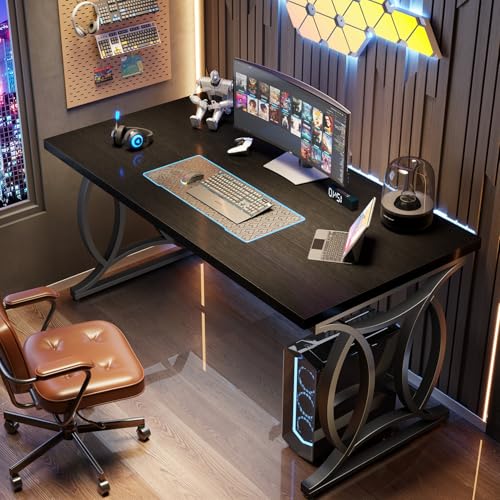 Black Home Office Desk, 55 Inch Metal Wood Computer Desk, view 6