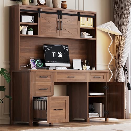 Farmhouse Executive Desk with Hutch and Charging Station, Walnut, view 4