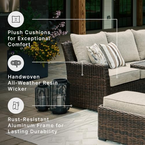 Signature Design by Ashley Brook Ranch Outdoor Sectional, All‑Weather Resin Wicker Patio Furniture With High‑Performance Cushions, Durable Aluminum Frame, Neutral