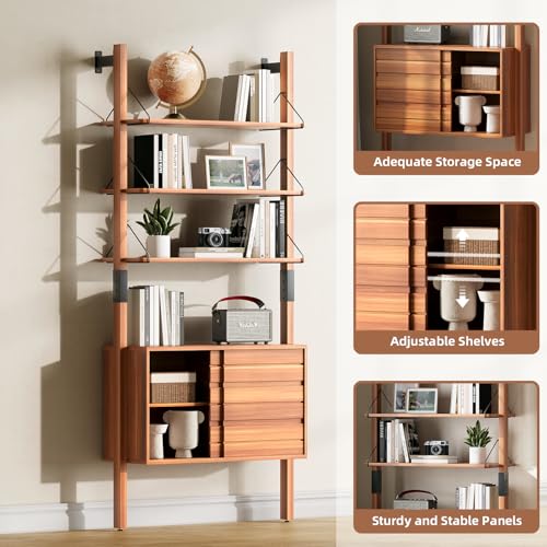 6 Tier Ladder Bookshelf with Storage Cabinet for Living Room,Cherry, view 4