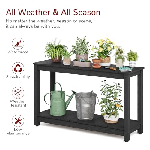 Outdoor Console Table, All-Weather 2-Tier Patio Console Table with Adjustable Feet, Low Maintenance, for Backyard, Garden, Entryway, and Deck, Black