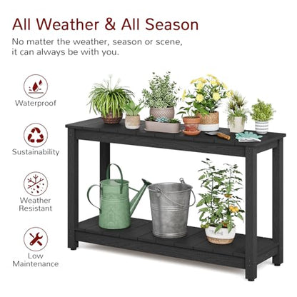 Outdoor Console Table, All-Weather 2-Tier Patio Console Table with Adjustable Feet, Low Maintenance, for Backyard, Garden, Entryway, and Deck, Black