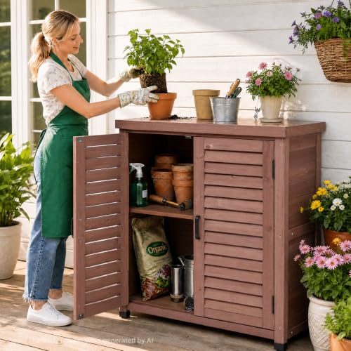 Outdoor Storage Cabinet with Metal Tabletop, Cedar Wood Garden Workstation | Metal Work Surface，Ample Storage Capacity，Natural Wood Construction，Garden Tool Organization，Patio & Garden Furniture