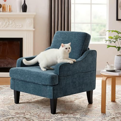 Set of 2 Accent Chair for Living Room,Mid-Century Arm Chair Chenille Fabric Living Room Chairs,Upholstered Reading Chair for Bedroom,Single Sofa Chair with Wood Legs for Apartment (Blue)