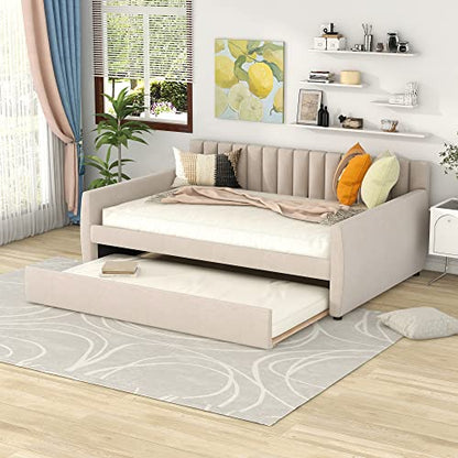 Full Size Daybed with Trundle, Upholstered Day Bed Frame Velvet Sofa Beds with Vertical Channel Tufted Headboard for Living Room, Bedroom, Beige